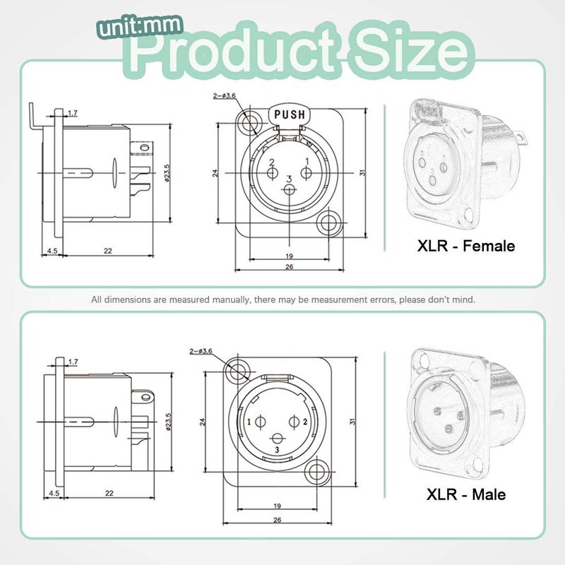 Keadic 8-Pack XLR Male and Female Jack 3 Pin - Chassis Panel Mount Jacks D Series Size, Black Metal Housing - Perfect for Series D Pattern Holes Audio Studio Connector - Image 2